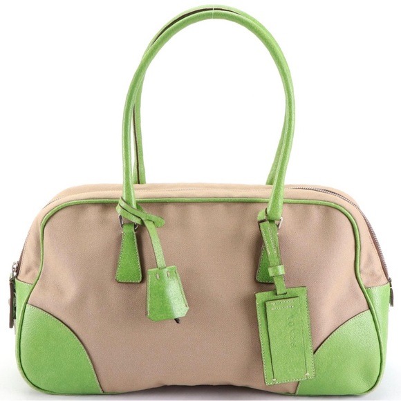 Prada Bowler Bag in Tan Canvas and Green Leather Trim - Picture 1 of 6